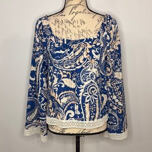 Nicole Miller N.Y. linen blend top crochet lace trim flared bell sleeves S